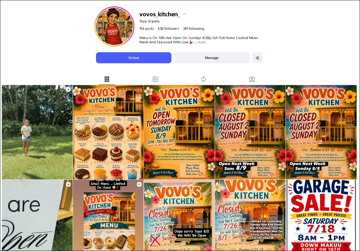 Vovo's Kitchen Instagram - home cooked meals and baked goods in Maku'u